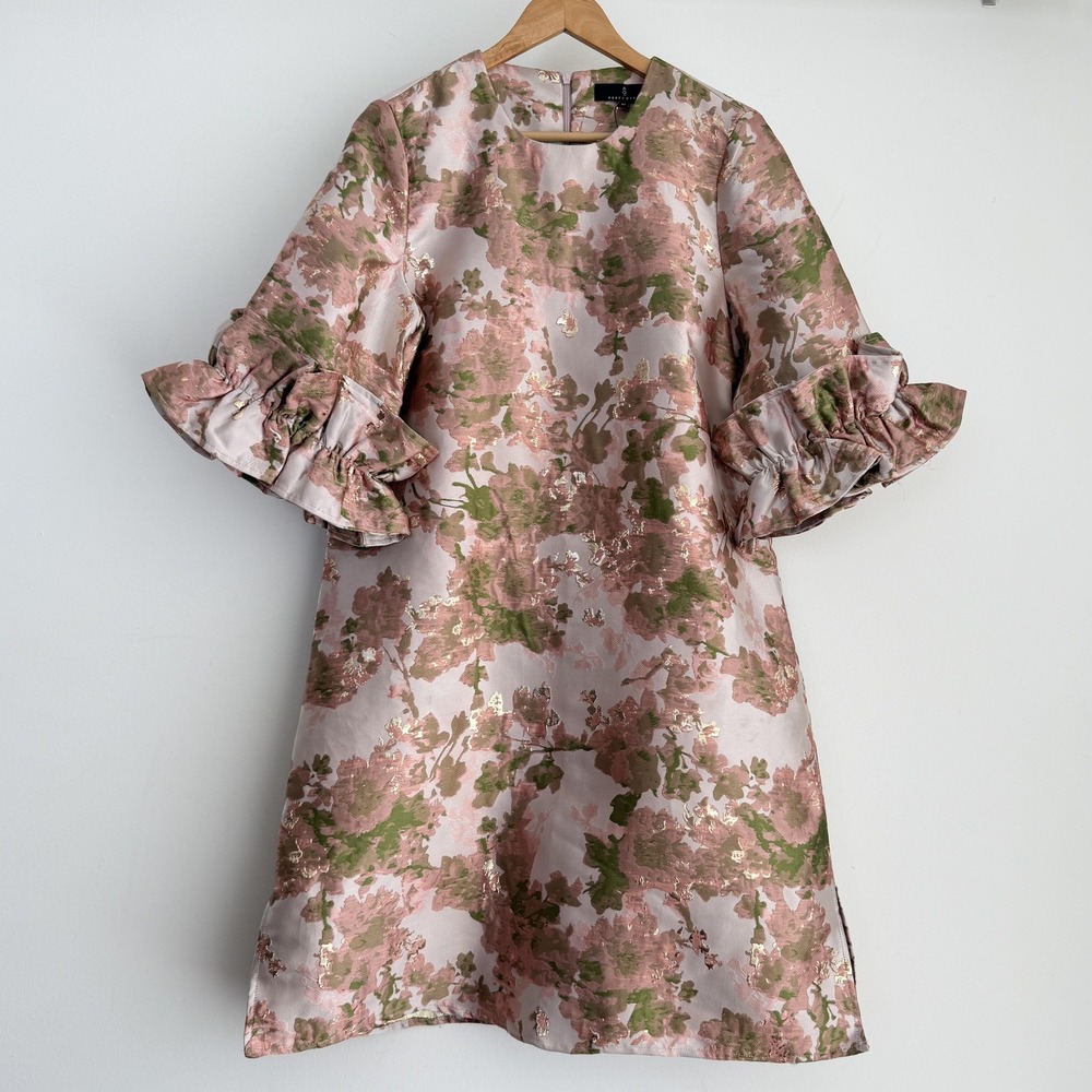 Abbey Glass Dress Medium Pink Bronwyn Floral Jacquard Ruffle Bell Sleeve Shift